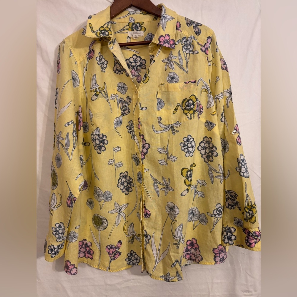 Charter Club yellow floral 100%linen button down shirt roll-tab long-sleeves2XL